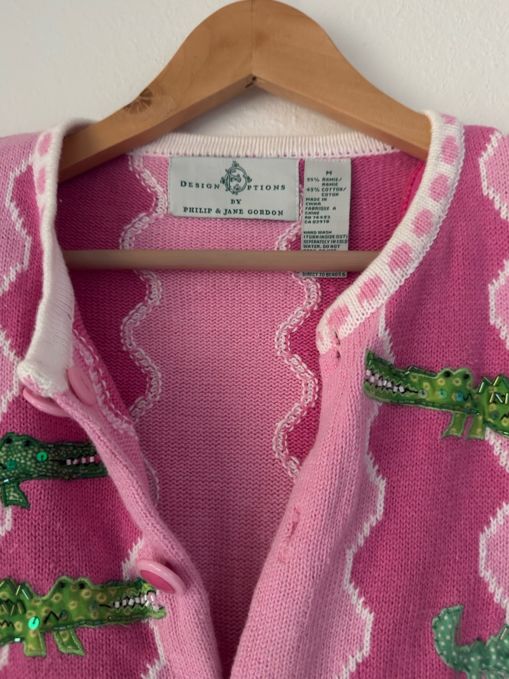Vintage Design Options Alligator Pink Green Beaded Embroidered Art Wear 90s M - Picture 4 of 12